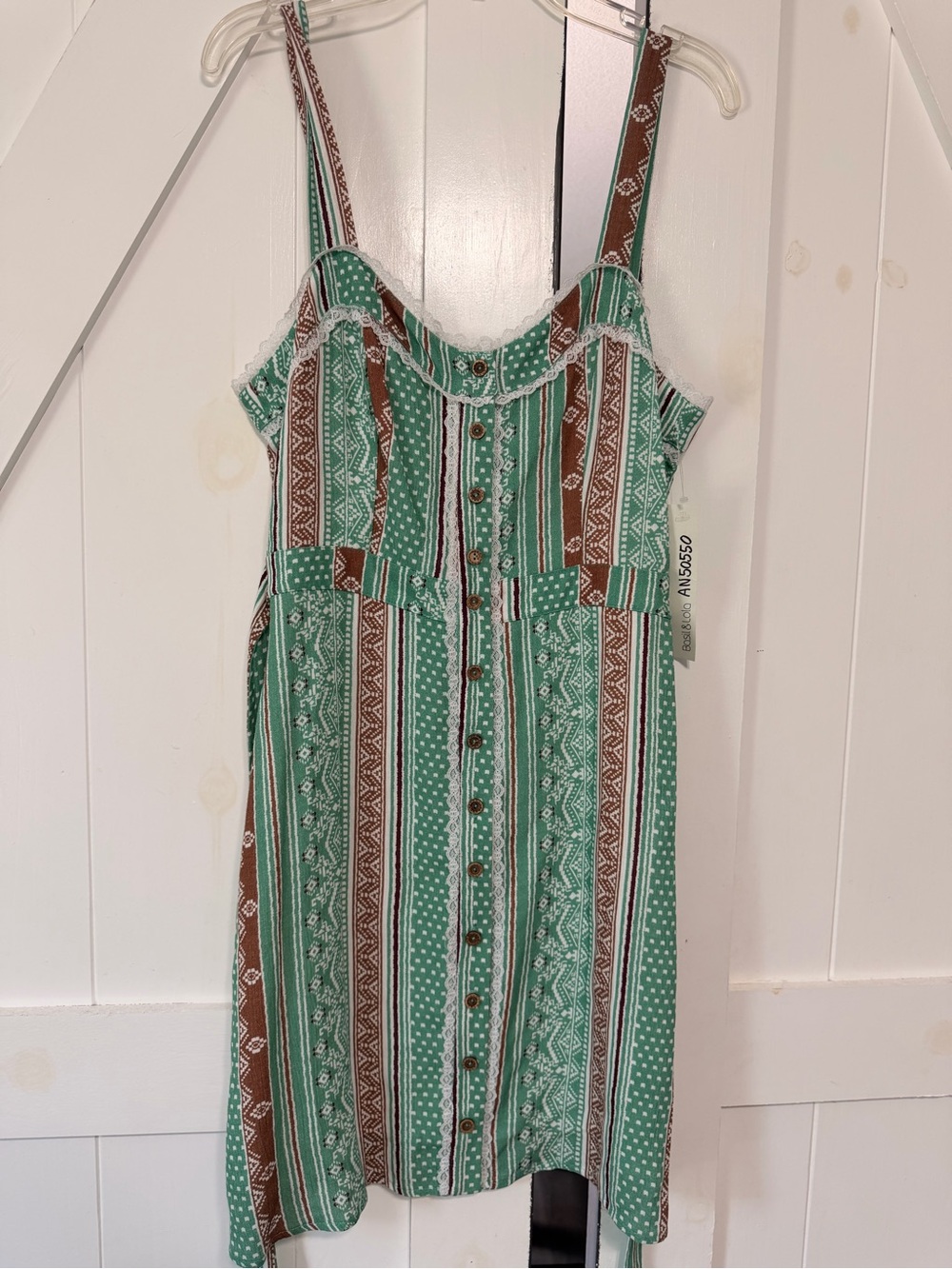 Striped Green Patterned Button-Front Mini Dress - Picture 4 of 10